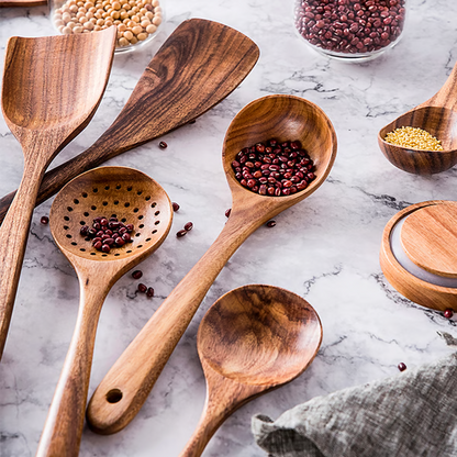 Set of Belro natural teak wood kitchen utensils, including non-toxic spoons ideal for eco-friendly home cooking and dining.