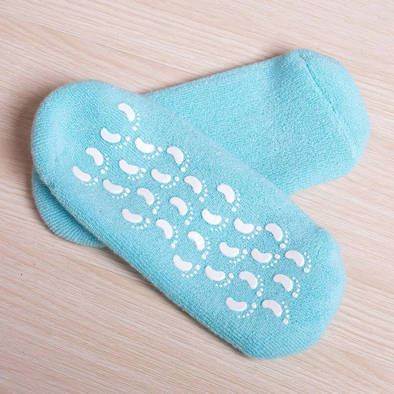 Belro moisturizing socks with spa gel lining for soothing foot care and hydration, shown in a relaxed home setting.
