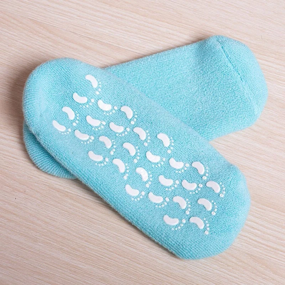 Belro moisturizing socks with spa gel lining for soothing foot care and hydration, shown in a relaxed home setting.