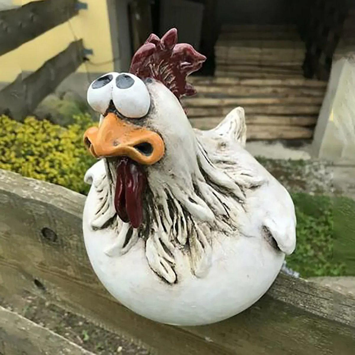 Funny chicken fence decor resin garden statue featuring a humorous chicken design, ideal for outdoor garden decoration.