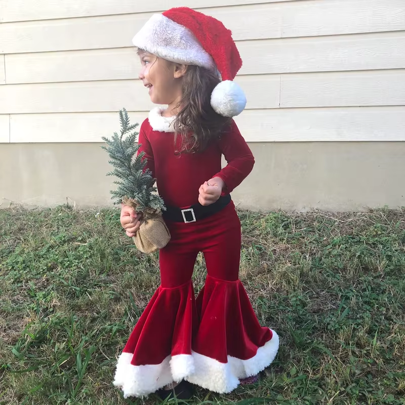 Belro Christmas Santa Claus costume featuring red jacket, white trim, black belt, and Santa hat on a festive background.