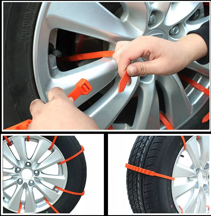 Belro reusable anti-snow car chains with durable metal links for winter traction, shown coiled on a white surface.