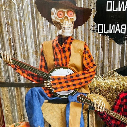 Belro Men's Funny Animated Dueling Banjo Skeletons T-shirt featuring cartoon skeletons playing banjos in a humorous pose.