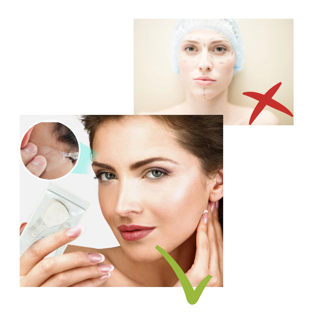 Belro Invisible Face-Lift Stickers for beauty and makeup, showing clear, skin-toned adhesive strips on a person's face.