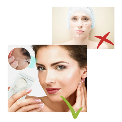 Belro Invisible Face-Lift Stickers for beauty and makeup, showing clear, skin-toned adhesive strips on a person's face.