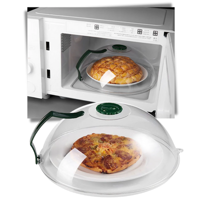 Belro anti-splash microwave protective cover placed over a microwave to prevent spills and splatters in the kitchen.
