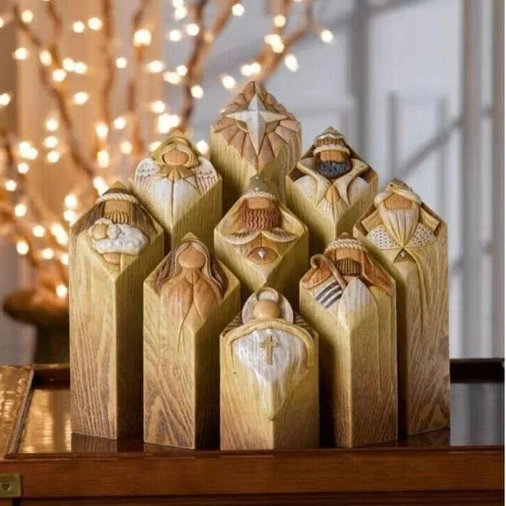 Belro 9-piece Heaven Nativity Tree Pillar Statues set for holiday home and garden Christmas decorations, featuring angel and nativity figures.
