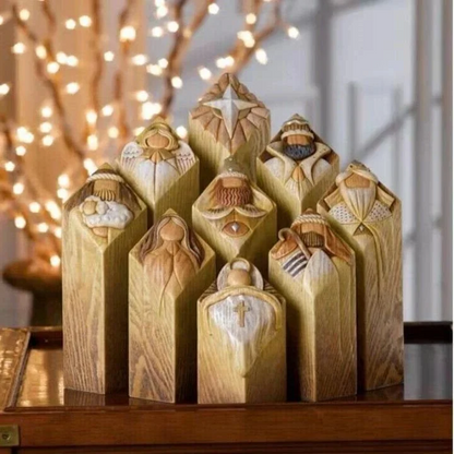 Belro 9-piece Heaven Nativity Tree Pillar Statues set for holiday home and garden Christmas decorations, featuring angel and nativity figures.
