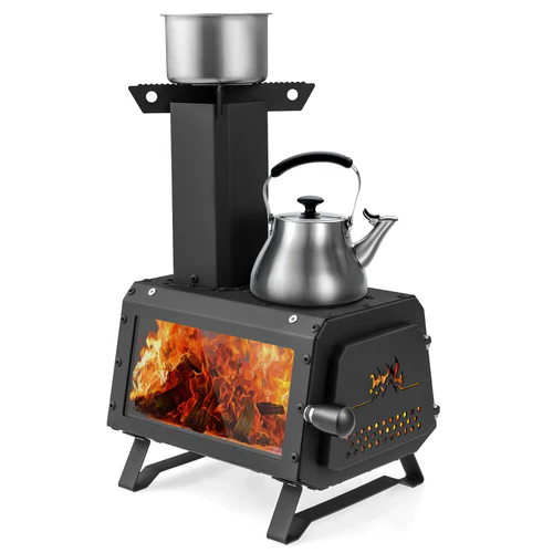 Portable Belro wood burning camping stove with a compact design, metal surface, and chimney pipe for outdoor cooking and heating.