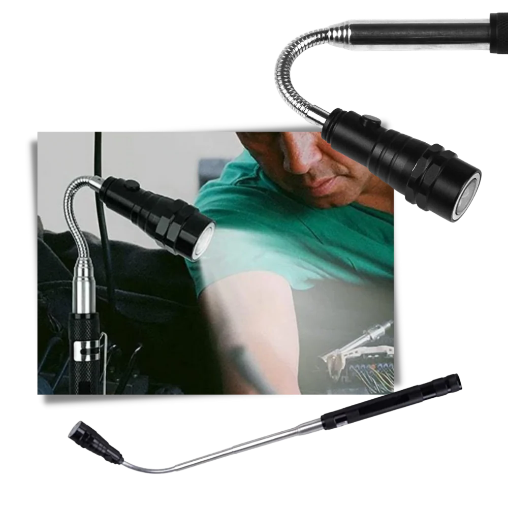 Belro telescopic magnetic LED flashlight showing extended metal shaft with LED light and magnetic tip for tools and hardware use.
