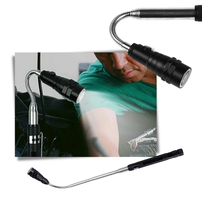 Belro telescopic magnetic LED flashlight showing extended metal shaft with LED light and magnetic tip for tools and hardware use.