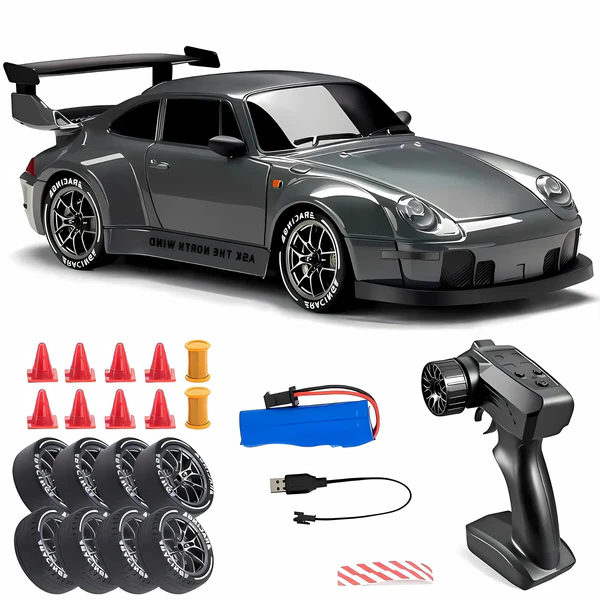 Belro Retro Drift Master 4WD RC car with LED lights, showcasing its sleek design and illuminated headlights on a smooth surface.