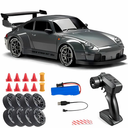 Belro Retro Drift Master 4WD RC car with LED lights, showcasing its sleek design and illuminated headlights on a smooth surface.