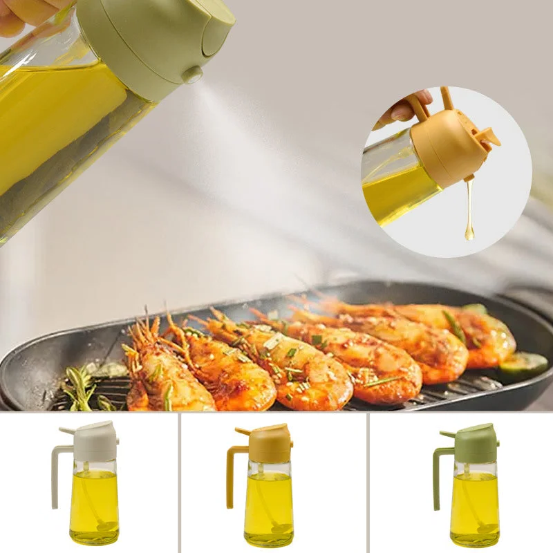 Belro 2-in-1 glass oil sprayer and dispenser for kitchen and dining, with clear glass container and spray nozzle.