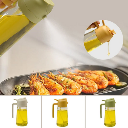 Belro 2-in-1 glass oil sprayer and dispenser for kitchen and dining, with clear glass container and spray nozzle.