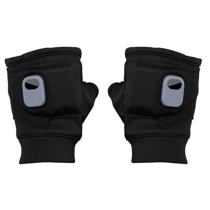 Belro USB rechargeable heated fingerless gloves for outdoor use, showing the gloves with heating elements and USB charging port.