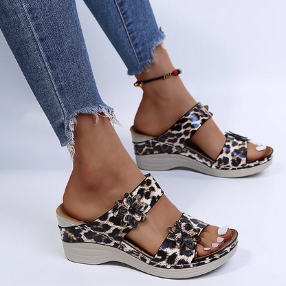 Belro leopard and snake print orthopedic leather wedge sandals with soft soles, stylish and comfortable footwear for everyday wear.