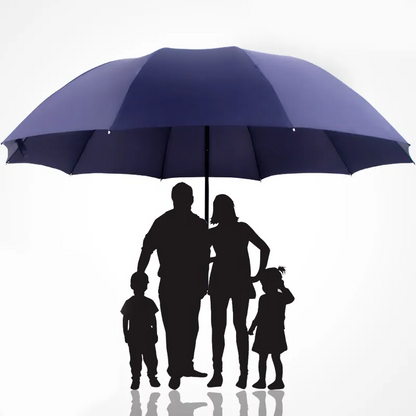 Belro super large folding umbrella opened, showcasing its wide canopy and sturdy handle, designed for rain protection and easy portability.