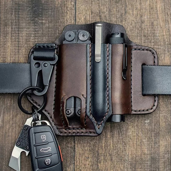 Belro Tactical Multi Tool Belt Leather Bag with multiple compartments, rugged design, and sturdy leather construction.
