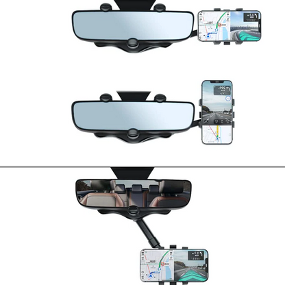 Belro rotatable and retractable car phone holder attached to rearview mirror, adjustable 360-degree view for hands-free phone use.