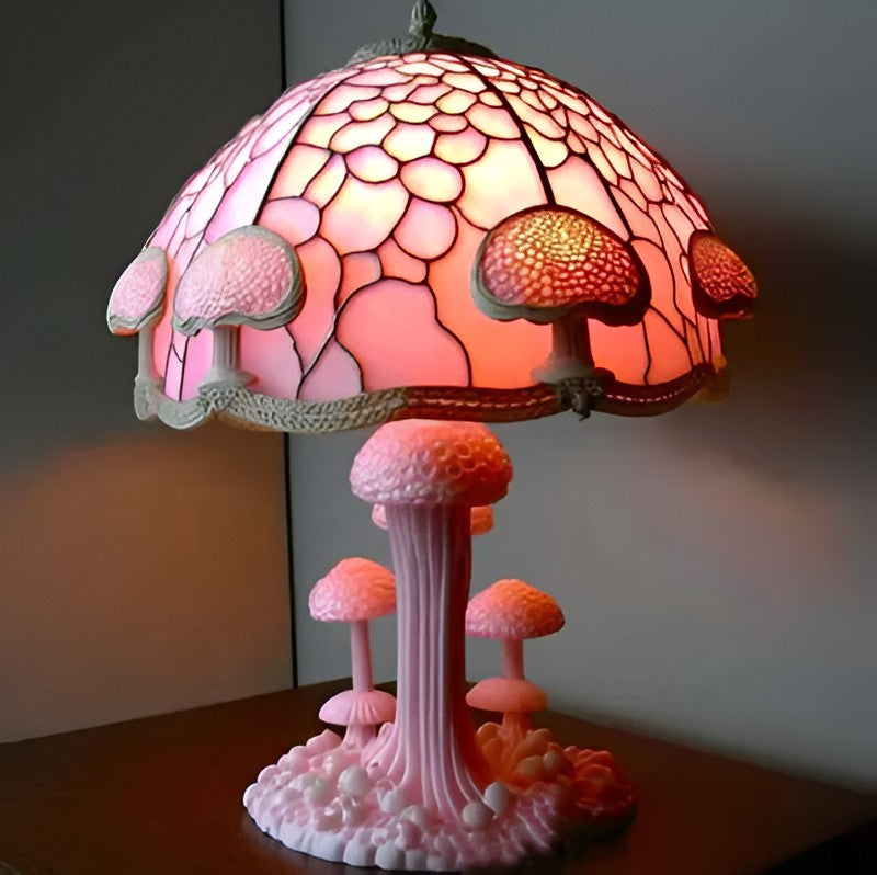 Belro stained glass plant series table lamp with colorful floral design and decorative glass shade on a desk.