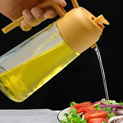 Belro 2-in-1 glass oil sprayer and dispenser for kitchen use, featuring a clear glass container with a spray nozzle.