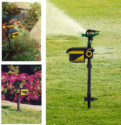 Belro motion-activated animal repellent sprinkler in a garden, with a sensor detecting movement to activate water spray for pest control.