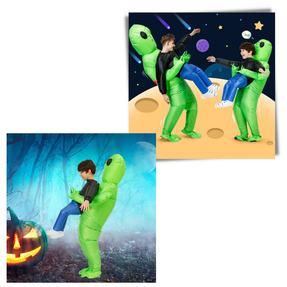 Belro inflatable alien costume, full-body costume with green alien design, including helmet and inflatable features for fun dress-up.