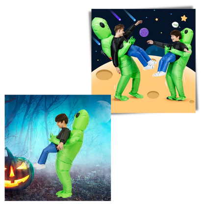 Belro inflatable alien costume, full-body costume with green alien design, including helmet and inflatable features for fun dress-up.