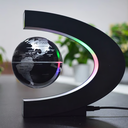 Belro magnetic floating globe with LED light, showcasing a modern decorative globe hovering above a base in a home decor setting.