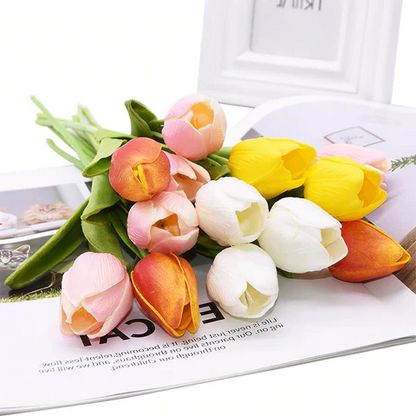 Artificial tulip flowers by Belro, 10-pack, realistic-looking vibrant tulips suitable for home decor or floral arrangements.