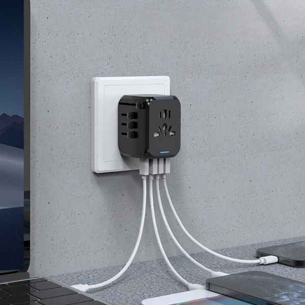 Belro multi-port travel adapter with multiple USB and power outlets for international electronics compatibility.