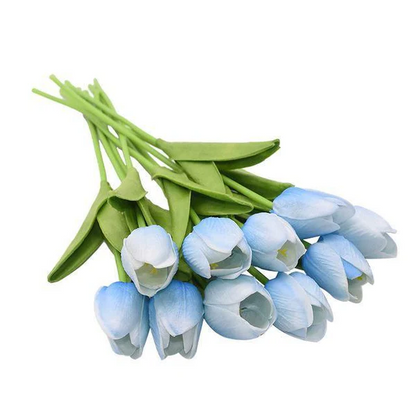 10x artificial tulip flowers from Belro, vibrant and realistic, arranged in a bouquet with green leaves, suitable for home decor or crafts.