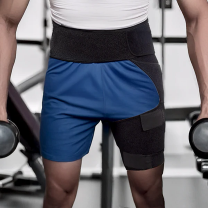 Belro Hip and Sciatica Brace Support shown on a person, designed to aid hip and lower back pain relief with adjustable straps.