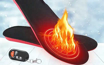 Belro rechargeable heated shoe insoles inside footwear, showing the sleek design and compact size for warmth and comfort.