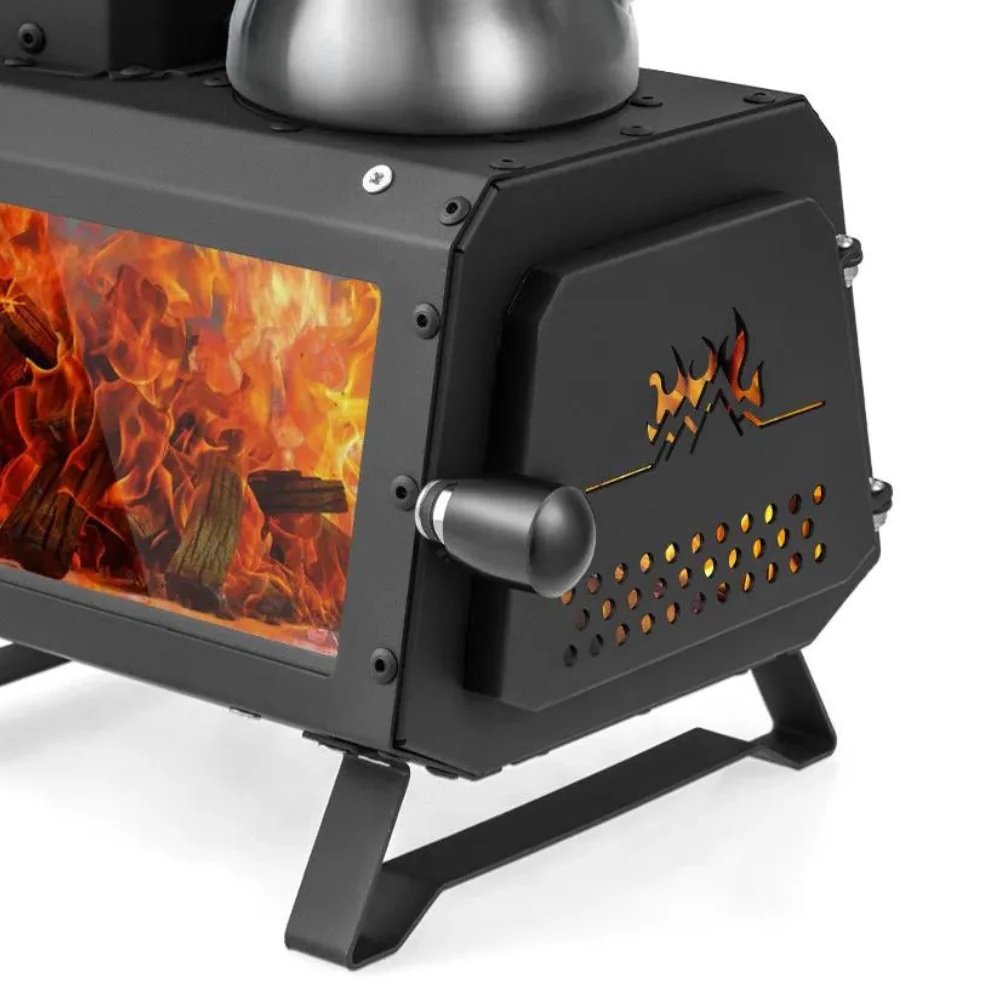 Belro portable wood-burning camping stove with a compact design, metal body, and chimney for outdoor cooking and heating.