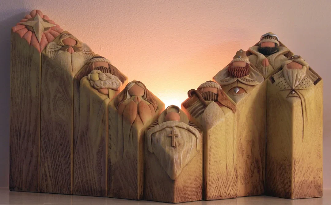 Set of nine Belro Heaven Nativity Tree Pillar Statues for holiday home and garden Christmas decor display