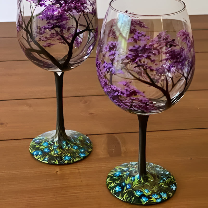 Belro Four Seasons Tree hand-painted wine glasses, elegant glassware accessory featuring colorful seasonal tree designs.