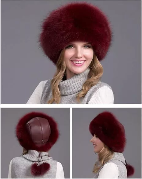Belro 100% natural fox fur winter hat for women with thick fur and earmuffs, stylish and warm for cold weather.