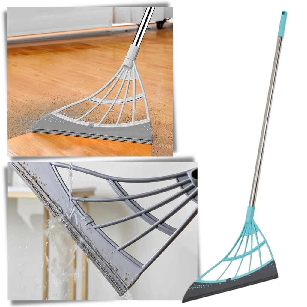 Belro telescopic rubber sweeper for tools and hardware, shows adjustable handle and rubber brush for cleaning surfaces