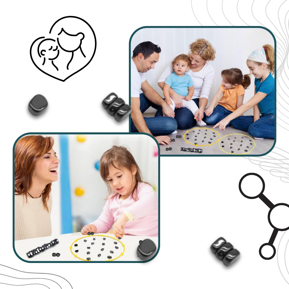 Belro magnetic chess game with black and white pieces on a wooden board, perfect for fun and strategic play.