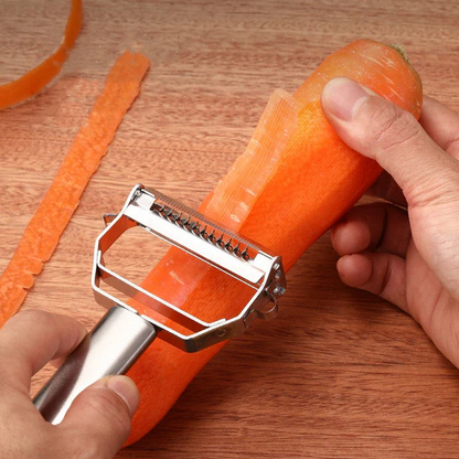 Belro dual-blade peeler for slicing vegetables and fruits, kitchen appliance with ergonomic handle and stainless steel blades.