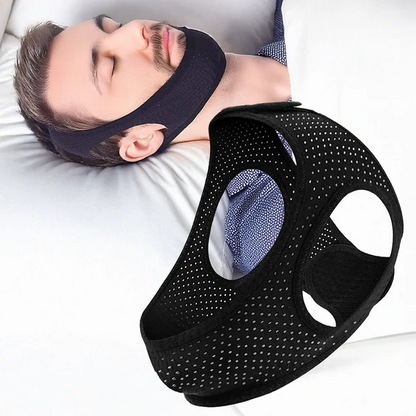 Belro anti-snoring chin strap in black, adjustable sleep aid strap designed to reduce snoring and improve sleep quality.