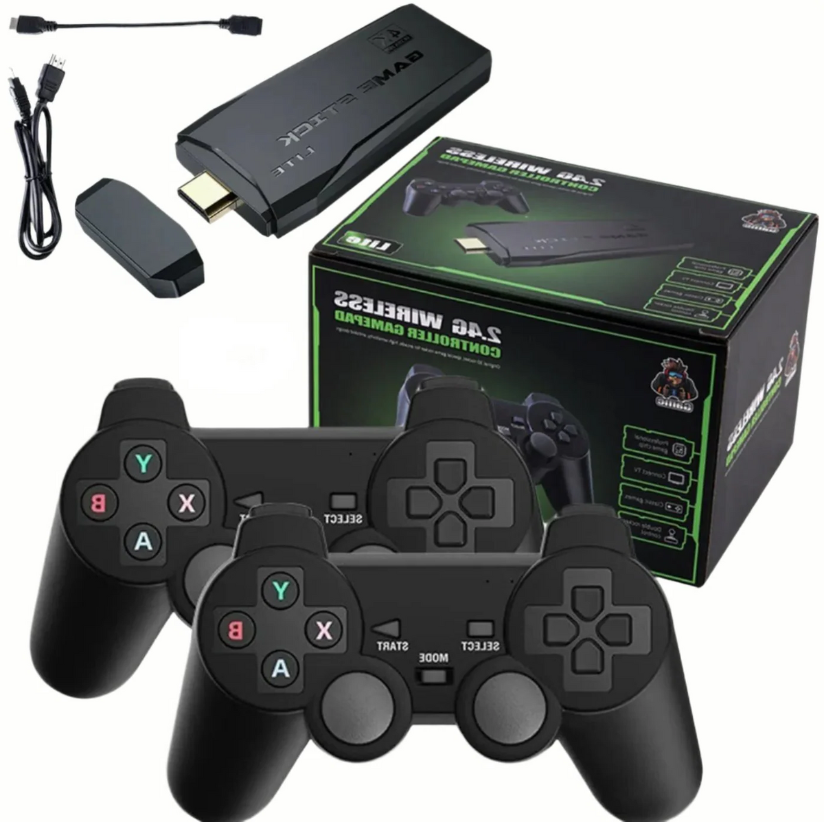 Belro HDMI 4K TV game stick console with 64GB storage, 20,000+ retro games, and two wireless gamepads for gaming entertainment.