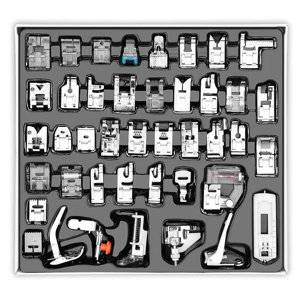 Belro 42-piece presser foot set for sewing, includes various attachments for clothing repair and tailoring on a sewing machine.