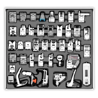 Belro 42-piece presser foot set for sewing, includes various attachments for clothing repair and tailoring on a sewing machine.