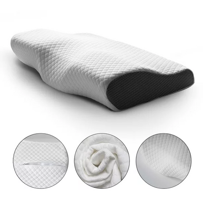 Belro contoured orthopedic memory foam pillow designed for neck pain relief, showing its ergonomic shape and soft fabric cover.