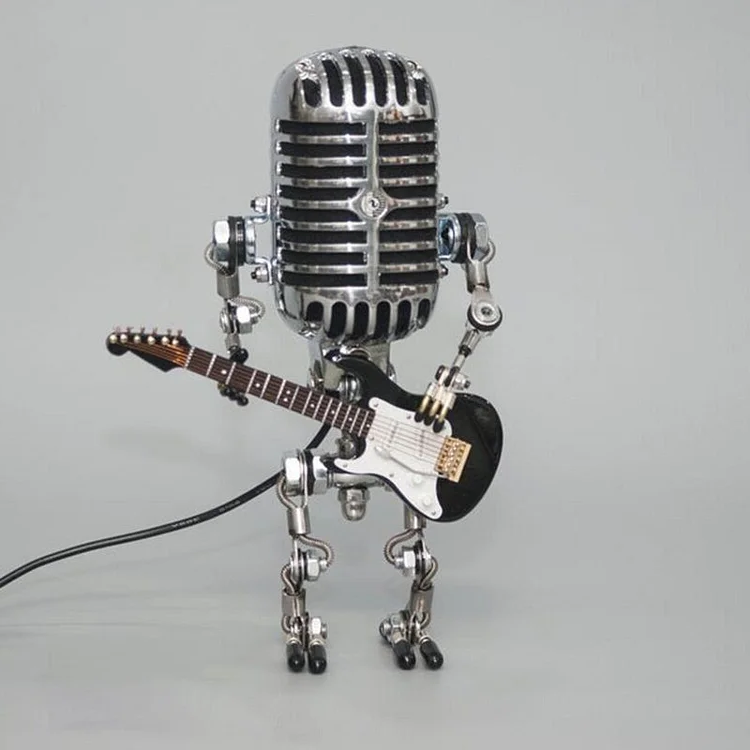 Vintage metal microphone robot with guitar lamp, Belro electronics, audio microphone and decorative robot figure in metal finish.