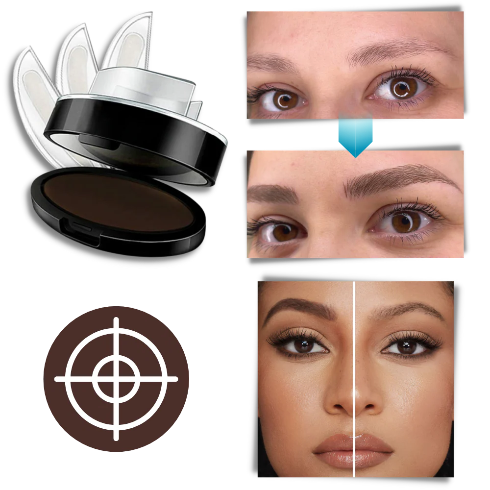 Belro Sleek All-day Eyebrow Stamp with compact applicator and stamped eyebrow design on skin, perfect for quick, natural-looking brows.