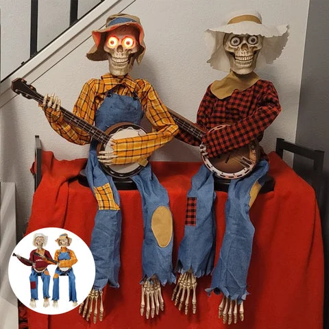 Funny animated dueling banjo skeletons t-shirt for men by Belro, featuring skeletons playing banjos in a humorous design.